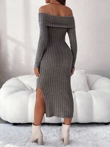 SHEIN 孕婦純色露肩長袖羅紋修身優雅洋裝 - 卡其色 - 查看 2
