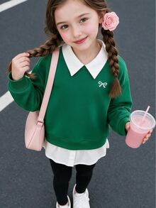 SHEIN Girls' New 2 In 1 Sweatshirt Shirt With Turn-Down Collar Loose Fit - Multicolor - View 1