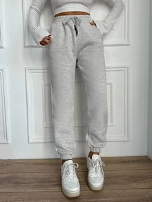 SHEIN Tall Size Cotton Ladies' Drawstring Waist Solid Grey Color Long Jogging Pants - Light Grey - View 3