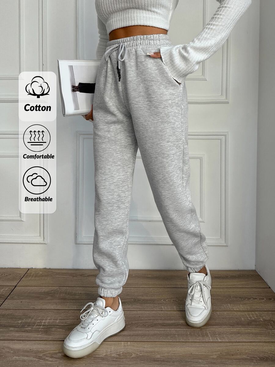 SHEIN Tall Size Cotton Ladies' Drawstring Waist Solid Grey Color Long Jogging Pants - Light Grey - View 1