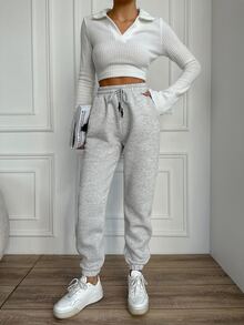 SHEIN Tall Size Cotton Ladies' Drawstring Waist Solid Grey Color Long Jogging Pants - Light Grey - View 5