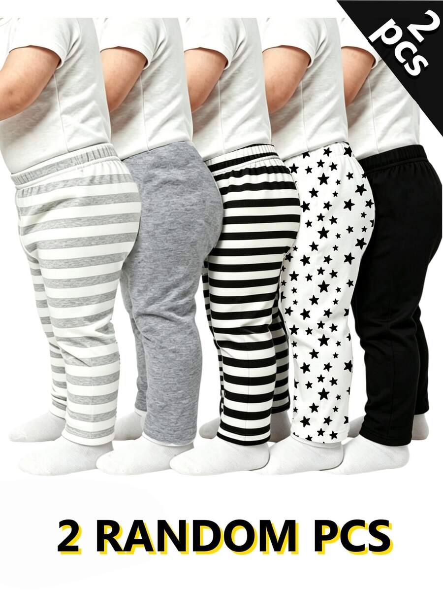 2 Random Pcs, New Cute Comfortable Minimalist Soft Form Casual Cartoon Print, Boys Pants Daily Trousers, Favorite Pattern Gift Autumn