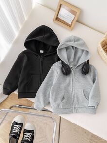 2pcs Baby Boy & Baby Girl Casual Solid Color Hooded Jacket Set, Grey Hoodie & Black Hoodie, Suitable For Autumn & Winter - Multicolor - View 4