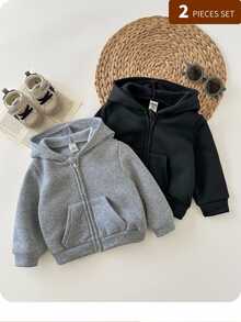 2pcs Baby Boy & Baby Girl Casual Solid Color Hooded Jacket Set, Grey Hoodie & Black Hoodie, Suitable For Autumn & Winter - Multicolor - View 8