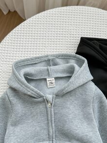 2pcs Baby Boy & Baby Girl Casual Solid Color Hooded Jacket Set, Grey Hoodie & Black Hoodie, Suitable For Autumn & Winter - Multicolor - View 2