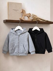 2pcs Baby Boy & Baby Girl Casual Solid Color Hooded Jacket Set, Grey Hoodie & Black Hoodie, Suitable For Autumn & Winter - Multicolor - View 6