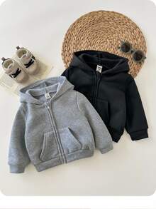 2pcs Baby Boy & Baby Girl Casual Solid Color Hooded Jacket Set, Grey Hoodie & Black Hoodie, Suitable For Autumn & Winter - Multicolor - View 1