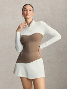 Activina Women's Colorblock Patchwork Sports Dress Tennis Golf Elegant Athletic Sporty Athleisure Modest Workout White And Brown Long Sleeve Set Fall - Brown - View 8