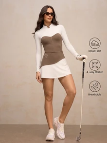 Activina Women's Colorblock Patchwork Sports Dress Tennis Golf Elegant Athletic Sporty Athleisure Modest Workout White And Brown Long Sleeve Set Fall - Brown - View 2