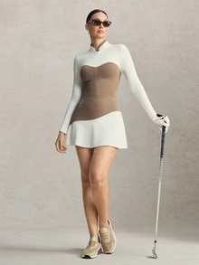 Activina Women's Colorblock Patchwork Sports Dress Tennis Golf Elegant Athletic Sporty Athleisure Modest Workout White And Brown Long Sleeve Set Fall - Brown - View 4