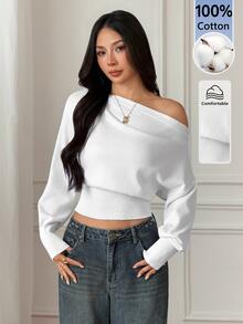 SHEIN PETITE 女款白色棉混紡休閒/工作穿搭毛衣（小碼版型） - 白色 - 查看 1