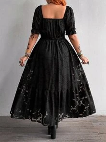 Whyspr Square Neck Sweetheart Neck Eyelet Lace Hollow Out Short Sleeve Chiffon Jacquard Elegant Vintage Punk Grunge Rock Princess Court Dark Style Long Maxi A-Line Extra Wide Hem Summer Black Plus Size Women Dress - Black - View 2