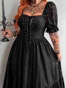 Whyspr Square Neck Sweetheart Neck Eyelet Lace Hollow Out Short Sleeve Chiffon Jacquard Elegant Vintage Punk Grunge Rock Princess Court Dark Style Long Maxi A-Line Extra Wide Hem Summer Black Plus Size Women Dress - Black - View 4
