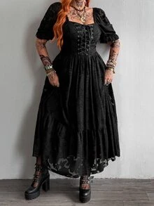 Whyspr Square Neck Sweetheart Neck Eyelet Lace Hollow Out Short Sleeve Chiffon Jacquard Elegant Vintage Punk Grunge Rock Princess Court Dark Style Long Maxi A-Line Extra Wide Hem Summer Black Plus Size Women Dress - Black - View 5