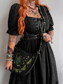 Whyspr Square Neck Sweetheart Neck Eyelet Lace Hollow Out Short Sleeve Chiffon Jacquard Elegant Vintage Punk Grunge Rock Princess Court Dark Style Long Maxi A-Line Extra Wide Hem Summer Black Plus Size Women Dress - Black - View 8