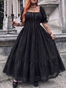Whyspr Square Neck Sweetheart Neck Eyelet Lace Hollow Out Short Sleeve Chiffon Jacquard Elegant Vintage Punk Grunge Rock Princess Court Dark Style Long Maxi A-Line Extra Wide Hem Summer Black Plus Size Women Dress - Black - View 3