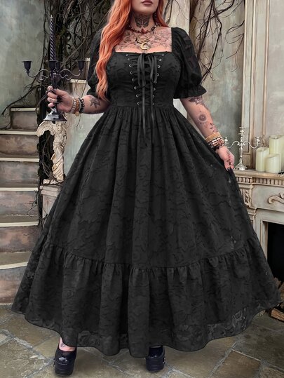 Whyspr Gaun Wanita Ukuran Plus Hitam Model Plus dengan Leher Persegi, Leher Bentuk Hati, Lubang Renda, Berongga, Lengan Pendek, Bahan Chiffon Jacquard, Elegan, Gaya Vintage, Punk, Grunge, Rock, Putri, Gaya Gelap, Panjang Maxi, Garis A, Hem Ekstra Lebar, Musim Panas