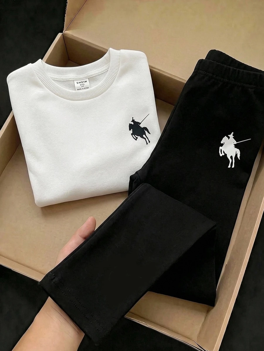 SHEIN Kids Young Girl Knit Solid Color Crew Neck Casual Sweatshirt And Long Pants 2 Pieces Set - Multicolor - View 1