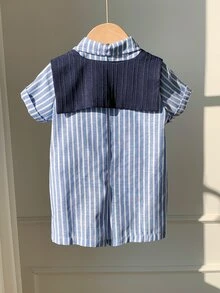 SHEIN 2件套新生男宝宝休闲度假藏蓝色条纹连体衣套装，含披肩，适合生日派对、锐舞派对、晚宴、演出、婚礼、迎婴派对、洗礼和一周岁生日庆祝活动。 - 彩色 - 查看 9