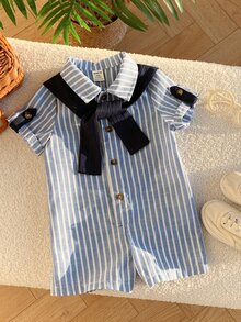 SHEIN 2件套新生男宝宝休闲度假藏蓝色条纹连体衣套装，含披肩，适合生日派对、锐舞派对、晚宴、演出、婚礼、迎婴派对、洗礼和一周岁生日庆祝活动。 - 彩色 - 查看 6