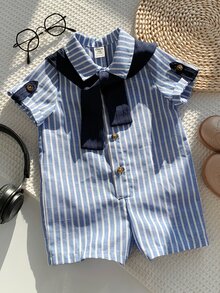 SHEIN 2件套新生男宝宝休闲度假藏蓝色条纹连体衣套装，含披肩，适合生日派对、锐舞派对、晚宴、演出、婚礼、迎婴派对、洗礼和一周岁生日庆祝活动。 - 彩色 - 查看 5