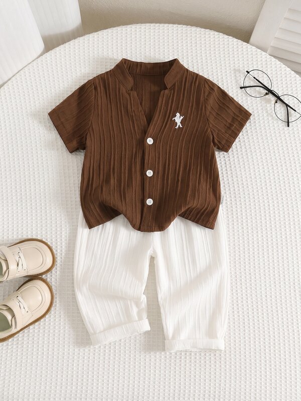 SHEIN Unisex Baby Boy/Girl Baby Boy 2pcs Spring/Summer Casual Vacation Style Striped Stand Collar Short Sleeve Shirt And Long Pants Set, Baby Boy Outfit Sets, Baby Boy Summer Clothes