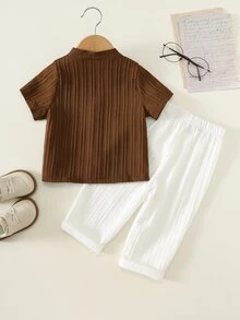 SHEIN Unisex Baby Boy/Girl Baby Boy 2pcs Spring/Summer Casual Vacation Style Striped Stand Collar Short Sleeve Shirt And Long Pants Set, Baby Boy Outfit Sets, Baby Boy Summer Clothes - Brown - View 3