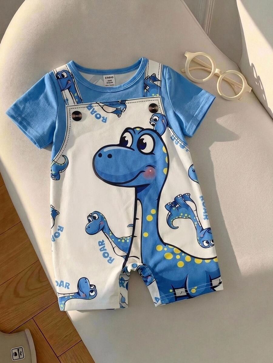 SHEIN Unisex Newborn Baby Boy/Girl Cute Dinosaur Pattern Short Sleeve Romper, Baby Rompers, Baby Summer Outfits, Baby Clothes, Thermal Lined - Blue - View 1