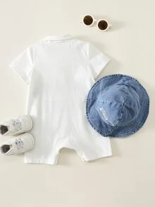SHEIN 男女嬰兒/男嬰 2套 春夏休閒可愛親子標語短袖連身衣與牛仔遮陽帽套裝，男嬰服裝套裝，男嬰夏季衣物，街頭風，父親節嬰兒服裝 - 藍色 - 查看 4
