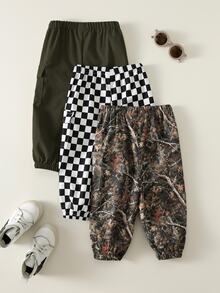 SHEIN 3pcs Baby Boy Casual Camouflage, Plaid, Solid Color Cargo Pants, Cargo Pants Set, Suitable For Summer, Spring, Autumn - Multicolor - View 3
