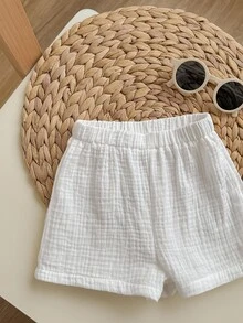 2pcs Baby Boy Solid Color Notch Neck Short Sleeve Top And Elastic Waist Shorts Set - White - View 2