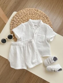 2pcs Baby Boy Solid Color Notch Neck Short Sleeve Top And Elastic Waist Shorts Set - White - View 1