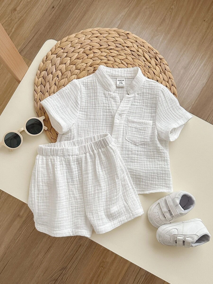2pcs Baby Boy Solid Color Notch Neck Short Sleeve Top And Elastic Waist Shorts Set - White - View 1