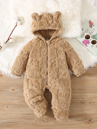 SHEIN Newborn Baby Boy/Girl Cute Cartoon Print Fleece Hooded Footie Jumpsuit Suitable For Autumn & Winter, Indoor & Outdoor