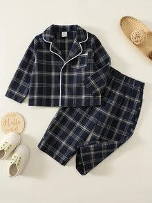 男女嬰兒/男嬰 2件組秋冬休閒可愛深藍色格紋睡衣套裝，居家休閒套裝，適合居家休息、睡眠與日常外出 - 藏蓝色 - 查看 5