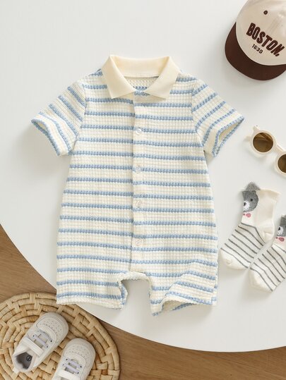 SHEIN Unisex Newborn Baby Boy/Girl Casual Cute Striped Short Sleeve Romper, Baby Boy Outfit Sets, Baby Boy Summer Clothes, Baby Rompers