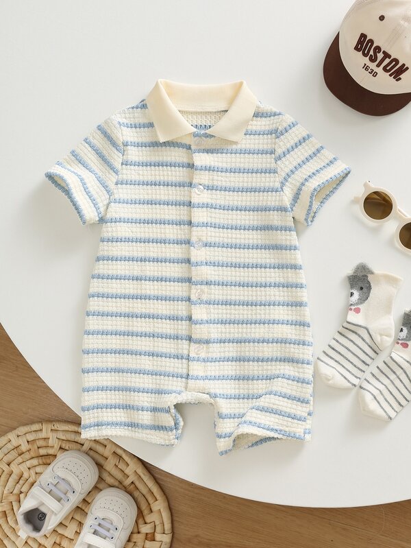 SHEIN Unisex Newborn Baby Boy/Girl Casual Cute Striped Short Sleeve Romper, Baby Boy Outfit Sets, Baby Boy Summer Clothes, Baby Rompers