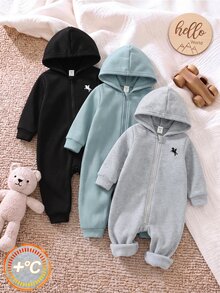 SHEIN 3件組嬰兒男嬰女嬰灰色秋冬抓絨內裡加厚刷毛鬆款針織柔軟連帽長袖拉鍊基本款連身衣套裝，嬰兒連身衣，秋冬連身衣 - 彩色 - 查看 2