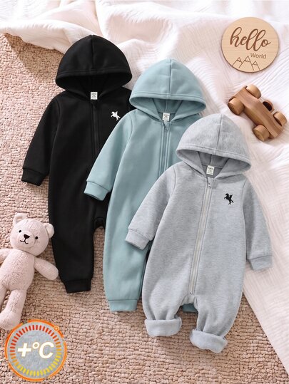 SHEIN 3pcs Baby Boy Baby Girl Grey Autumn/Winter Fleece Lined Thick Brushed Loose Knit Soft Hooded Long Sleeve Zip-Up Basic Romper Set, Infant Rompers, Autumn/Winter Rompers
