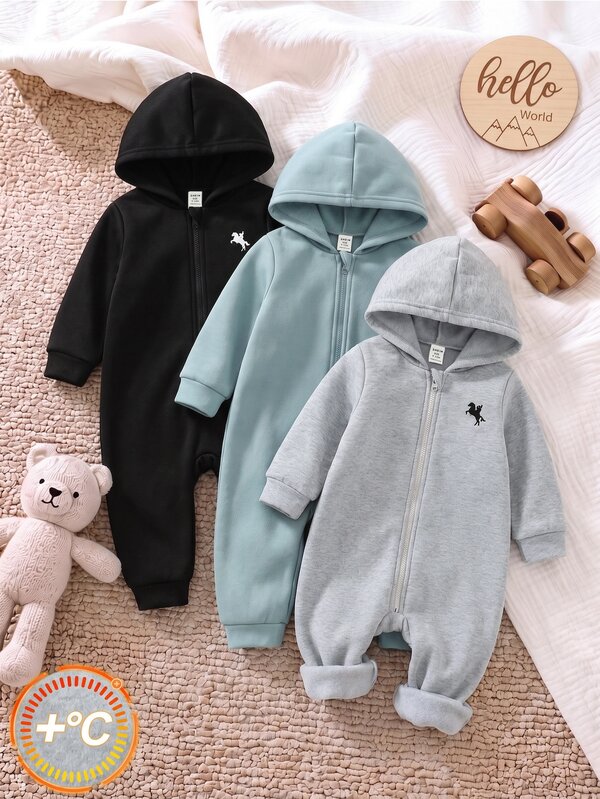 SHEIN 3pcs Baby Boy Baby Girl Grey Autumn/Winter Fleece Lined Thick Brushed Loose Knit Soft Hooded Long Sleeve Zip-Up Basic Romper Set, Infant Rompers, Autumn/Winter Rompers
