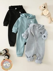 SHEIN 3件組嬰兒男嬰女嬰灰色秋冬抓絨內裡加厚刷毛鬆款針織柔軟連帽長袖拉鍊基本款連身衣套裝，嬰兒連身衣，秋冬連身衣 - 彩色 - 查看 1