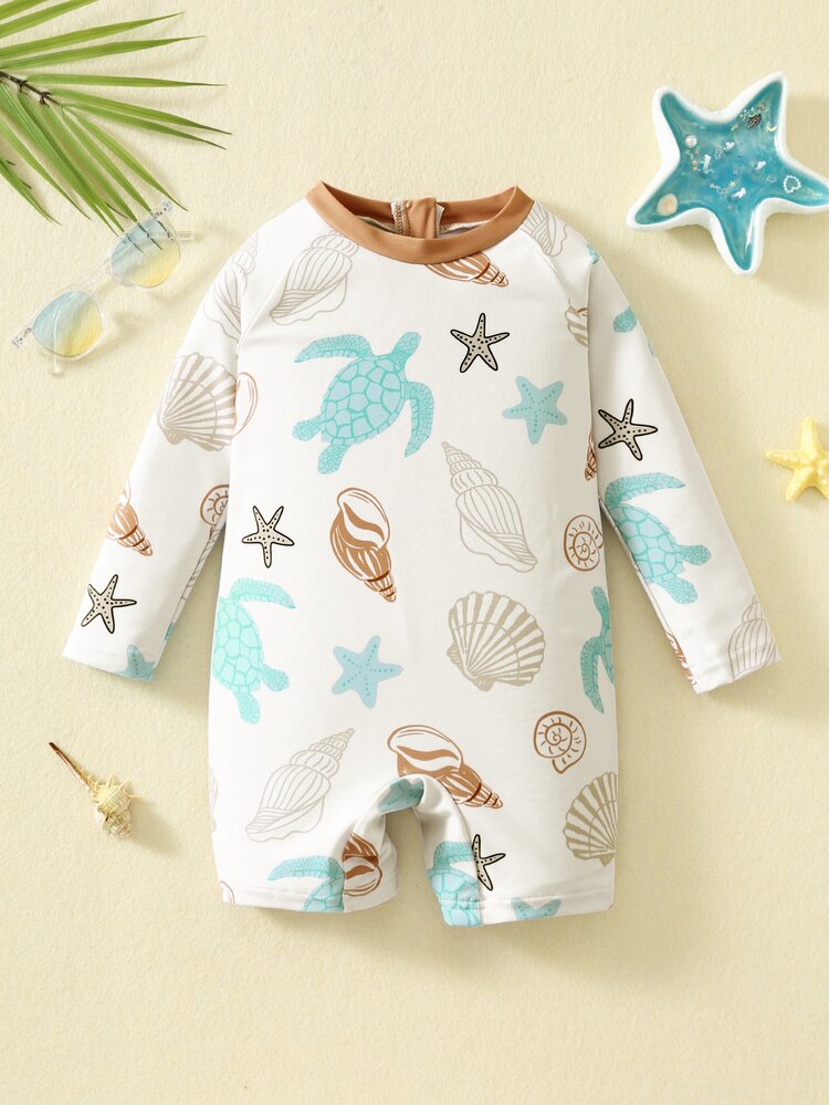 SHEIN Bubblio Baby Boy/Girl Cute Long Sleeve Swimsuit,White And Blue Sea Turtle & Shell Striped Print Cover Up,Comfortable Summer Beach Vacation Holiday Swimwear - Multicolor - View 5
