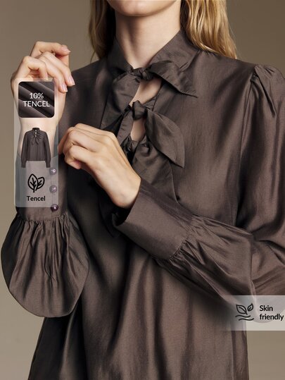 Ontre 2026 New Autumn Women's Loose Fit Solid Purple-Red Long Sleeve Blouse With Bow And Ruched Design, Casual Commuter Urban Modern Minimalist Elegant Tea Party Independence Day Old Money Style Teacher Outfit Office Wear Holiday Dress Vacation Date Outing Fashion Versatile Women's Shirt