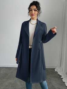 SHEIN Holidaya 女款純色麂皮雙排扣側口袋休閒夾克 - 藏蓝色 - 查看 9