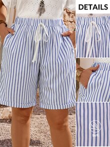 EMERY ROSE Plus Size Blue And White Drawstring Waist Casual Sexy Sailor Loose Shorts With Pockets Spring Summer 2026 Formal Beach Hawaii - Multicolor - View 1