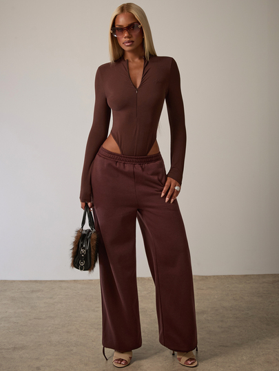 SHEIN BAE Brown Zip Up Crop Bodysuit, Fall Long Sleeve High Neck To V Neck Tight, High Stretch Skin Friendly Soft, Sexy Y2K Going Out Party Bodysuit