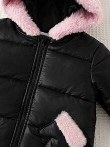 SHEIN Baby Girl Quilted Thick Composite Fabric Contrast Color Cute Fur Trim Hooded Zip-Up Soft One-Piece Long Pants Suitable For Winter - Black - View 5