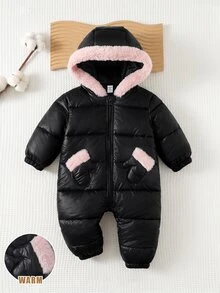 SHEIN Baby Girl Quilted Thick Composite Fabric Contrast Color Cute Fur Trim Hooded Zip-Up Soft One-Piece Long Pants Suitable For Winter - Black - View 3