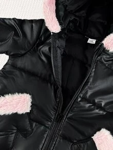 SHEIN Baby Girl Quilted Thick Composite Fabric Contrast Color Cute Fur Trim Hooded Zip-Up Soft One-Piece Long Pants Suitable For Winter - Black - View 7