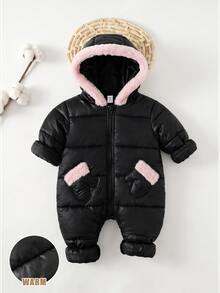 SHEIN Baby Girl Quilted Thick Composite Fabric Contrast Color Cute Fur Trim Hooded Zip-Up Soft One-Piece Long Pants Suitable For Winter - Black - View 4
